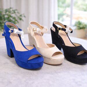 Open Toe Platform Heels | NEW | Royal Blue, Cream & Black | Chunky Heel